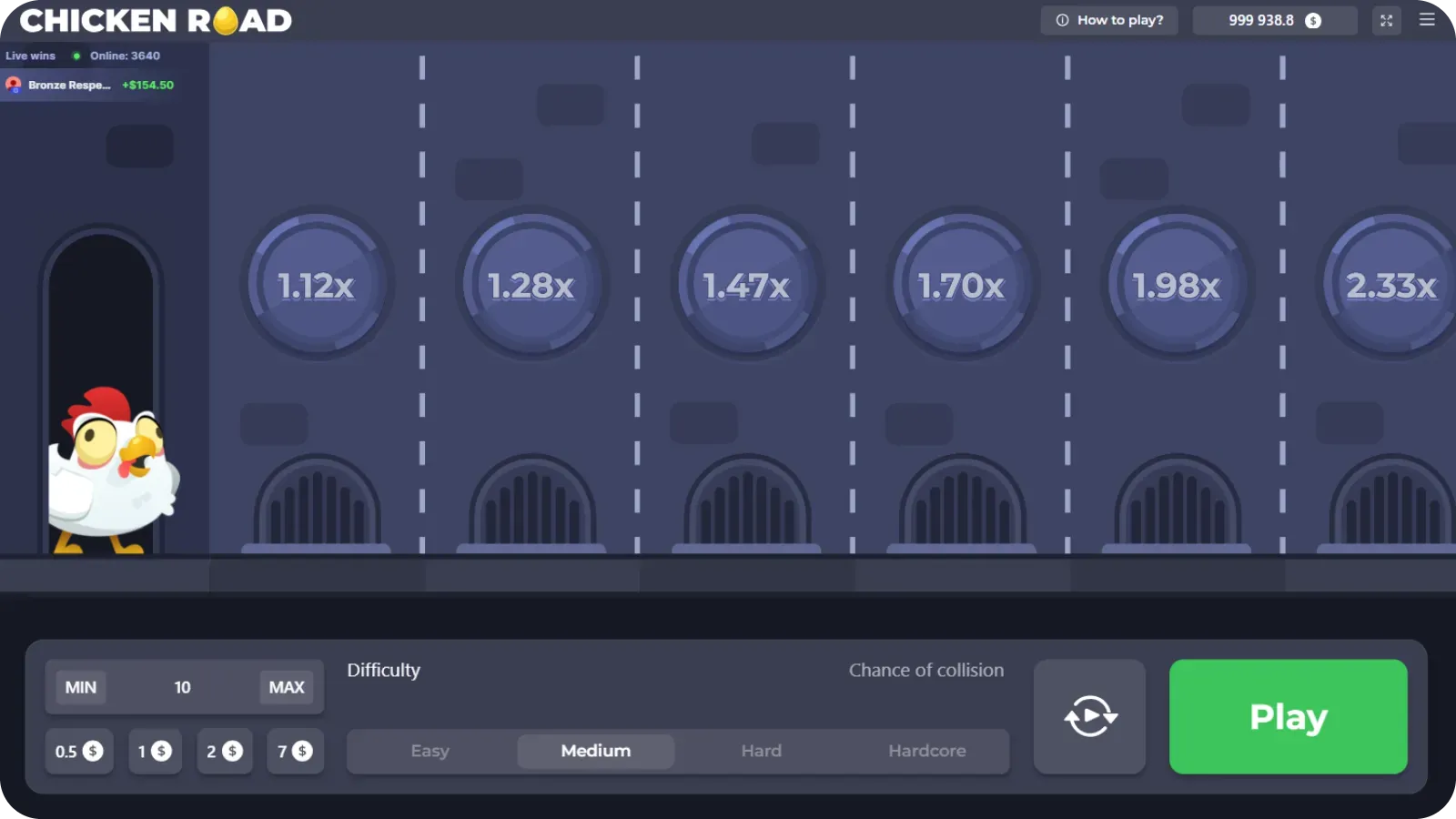 Chicken Road instant game betting interface showing adjustable stake values from £0.10 to £100
