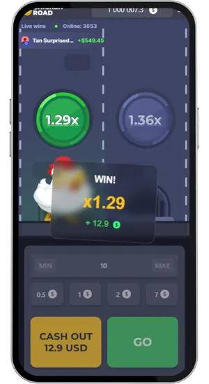 Win notification popup displaying multiplier and prize amount after successful round